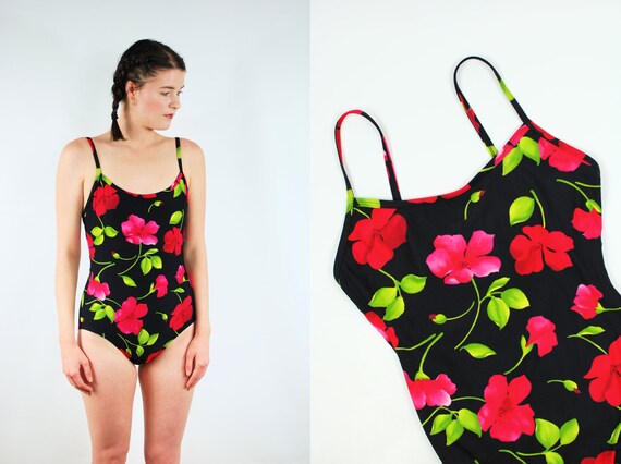 1990's Black Watercolor Floral One-piece Swimsuit