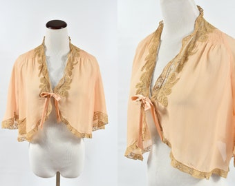 1930's Peach Silk Chiffon Ecru Lace Bed Jacket
