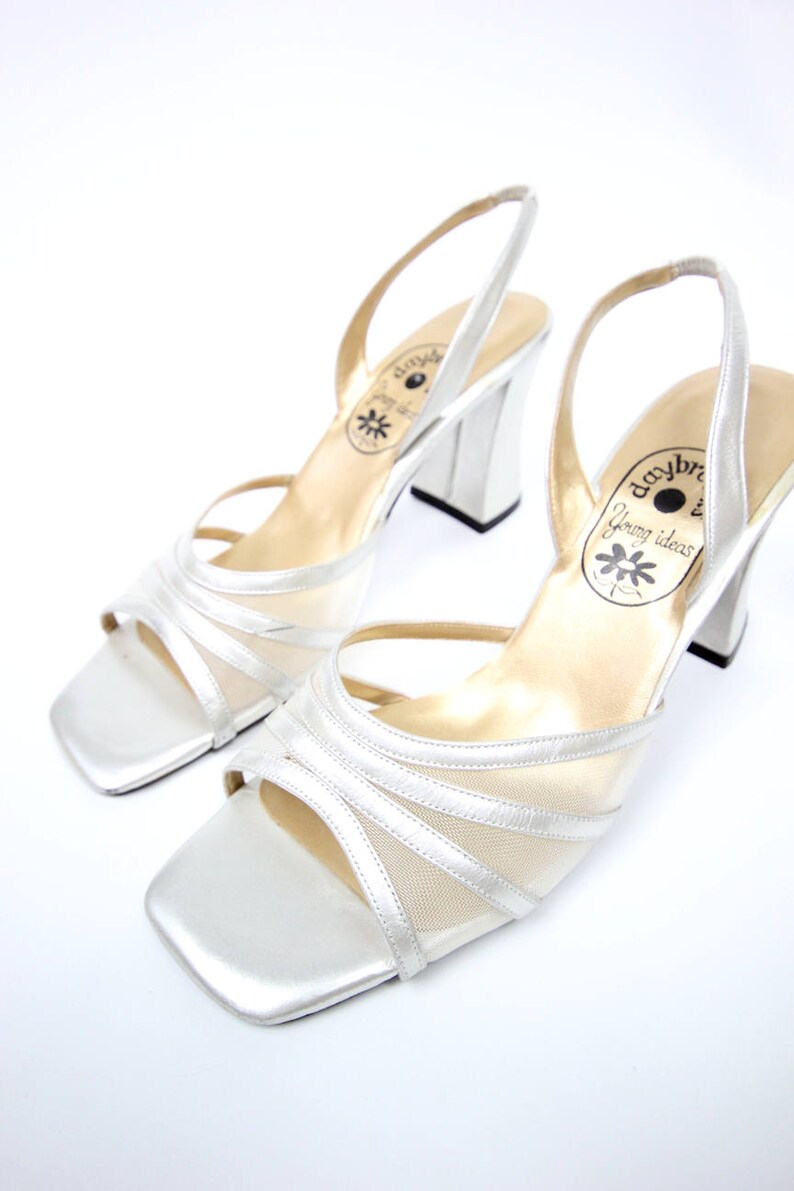 Sz 8.5M 1960/'s Silver Mod Mesh Open-toe Slip-on Pumps
