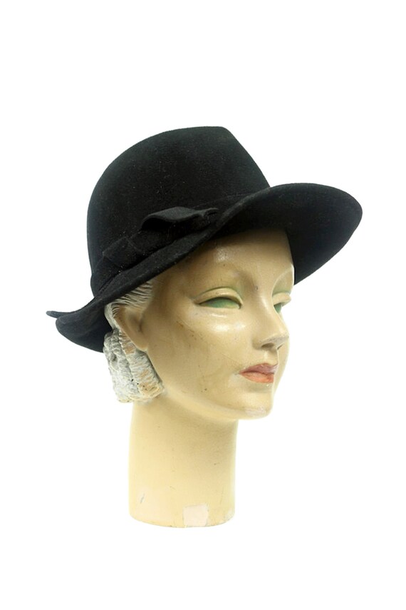 1960's Black Wool Felt Bow Fedora Hat - image 1