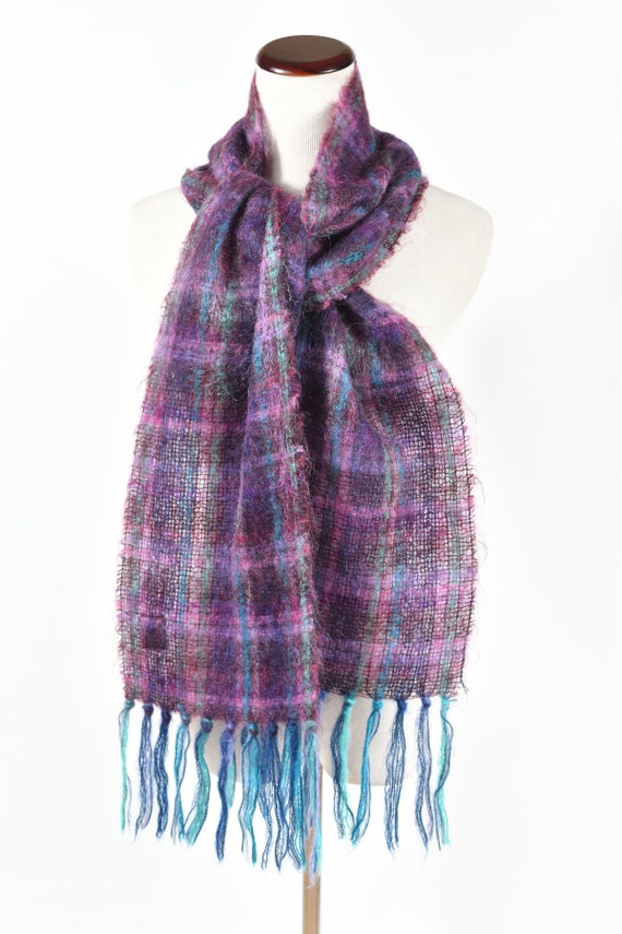 1960's Purple & Blue Plaid Mohair/ Wool Long Knit… - image 3