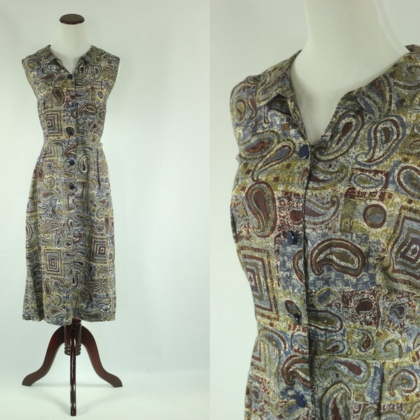 S a l e • 1950's Paisley Tribal Print Cotton Sleeveless Button-up Dress -- Sz Lrg