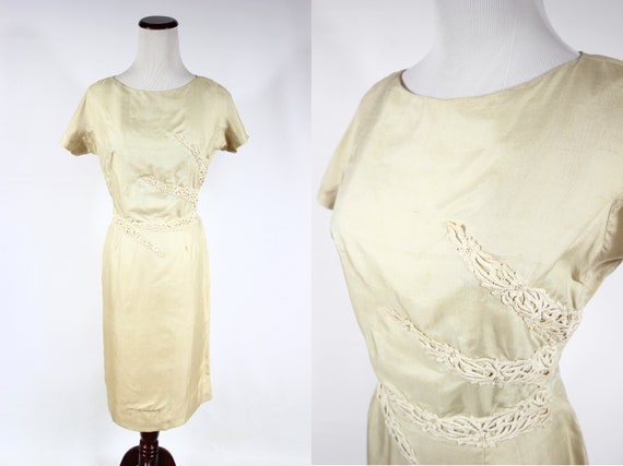 1950's Butter Yellow Raw Silk Floral Lace Sheath … - image 1