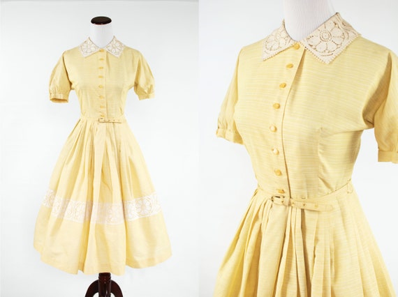 1950's Yellow Cotton Floral Lace Button-up Belted