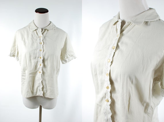1950's Tan Linen Scalloped Collar Lace Short-slee… - image 1