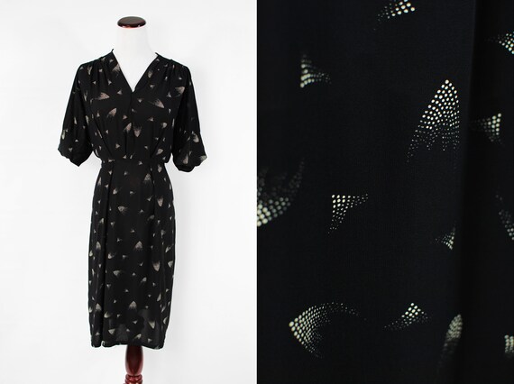 1940's Shooting Star Black Rayon Gathered Shoulder