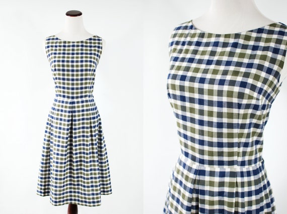 1950's Cotton Blue & Green Checkered Sleeveless D… - image 1