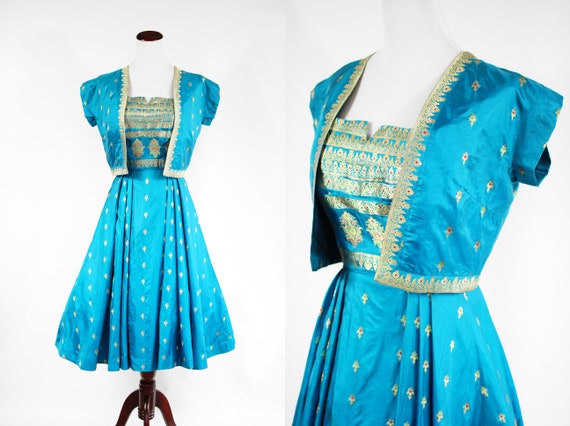 1950's Teal Blue Silk Gold Embroidered Indian Dre… - image 1
