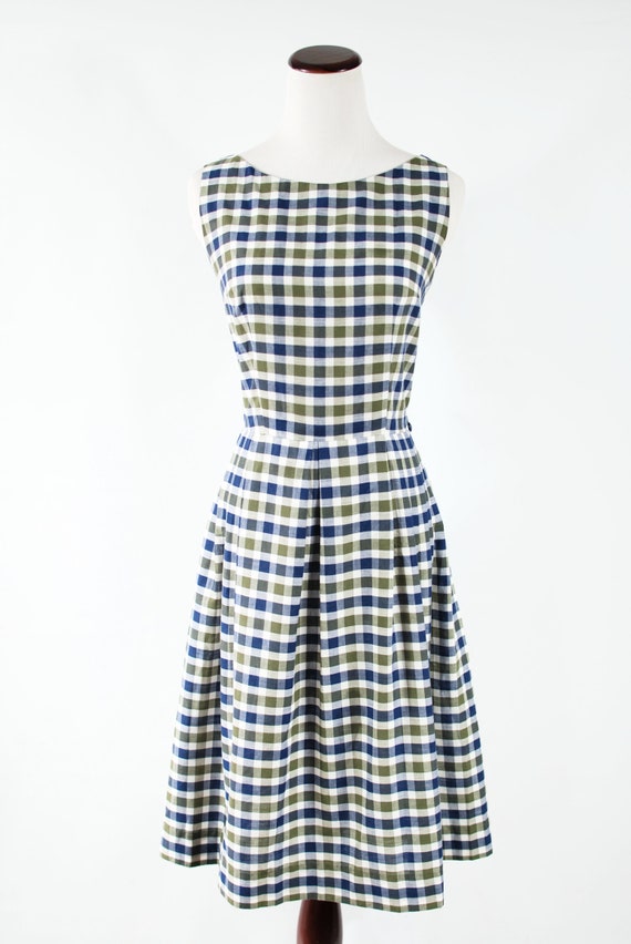 1950's Cotton Blue & Green Checkered Sleeveless D… - image 2