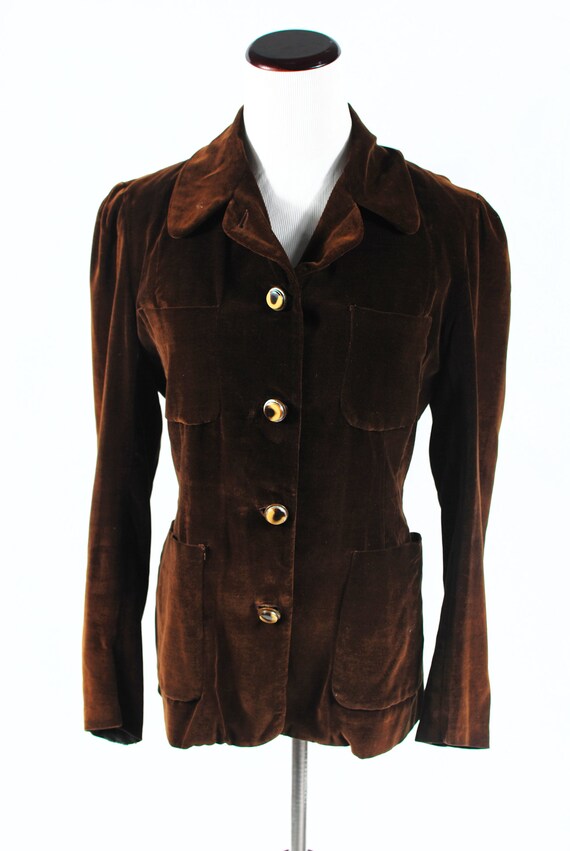 1960's Chocolate Brown Velvet Puff-sleeve Pocket … - image 2