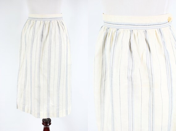 1980's 'Calvin Klein' White Linen Striped High-wa… - image 1