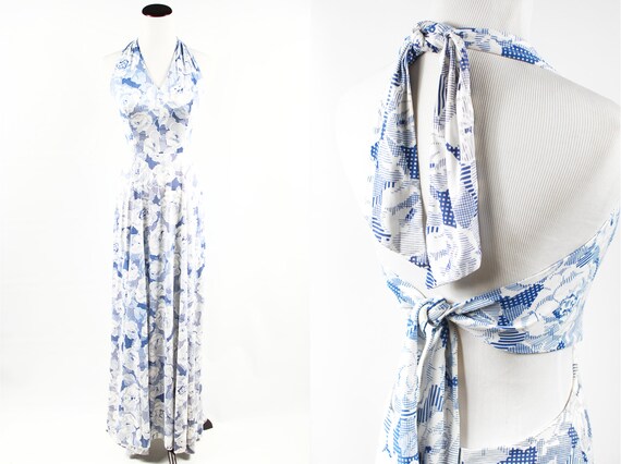 1970's Blue & White Rose Tie-back Halter Maxi Dres