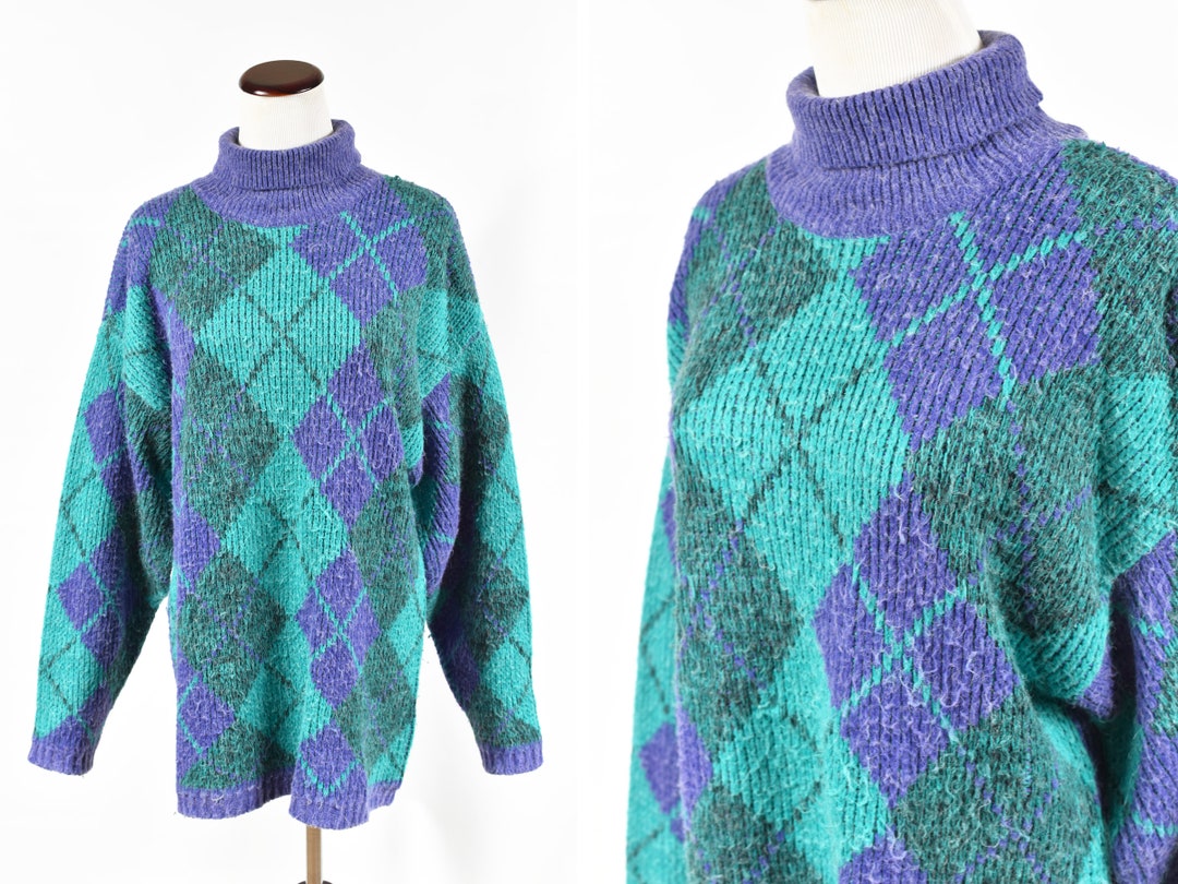 1980's Fluffy Oversized Argyle Turtleneck Pullover Knit - Etsy