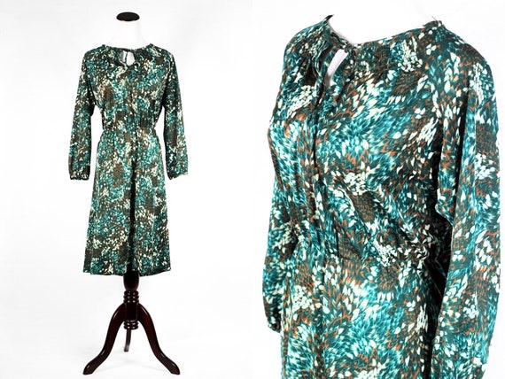 1970's Forest Green Abstract Long-sleeve Peasant D