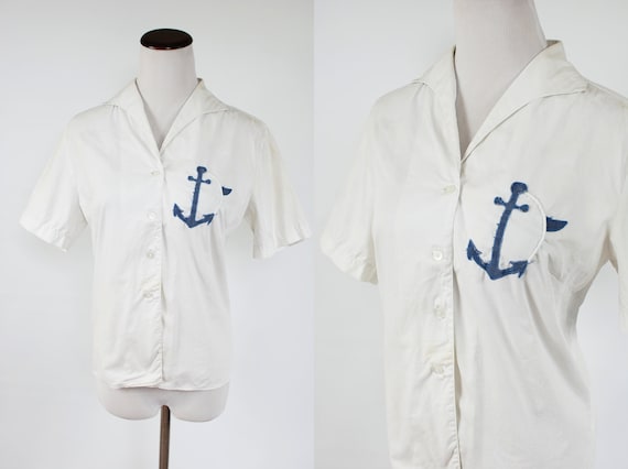 1950's White Cotton Nautical Anchor Short Sleeve B
