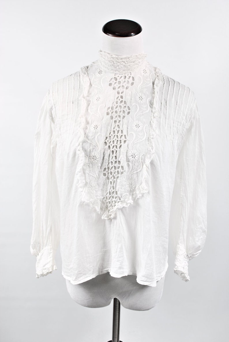 1910/'s Edwardian White Cotton Floral Embroidered Lace Long-sleeve Blouse