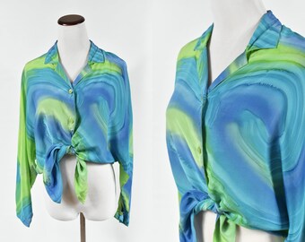 1990's Lime Green & Blue Swirl Silk Button-up Tie-front Blouse