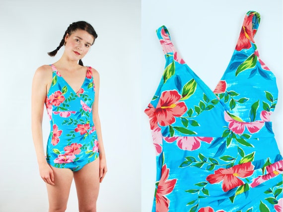 1990's Blue Hawaiian Floral Ruched Sheath One-piec