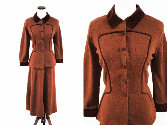 1940's Brown Rayon Knit Velvet Jacket & Skirt Suit