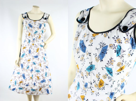 1950's Cotton Floral Butterfly Fan Novelty Print S