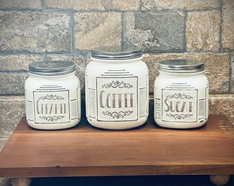 Coffee Bar Canister Set, Half gallon and Quart Size Jars, White Kitchen Canisters, Rustic Modern Farmhouse Decor, Farmhouse Chic