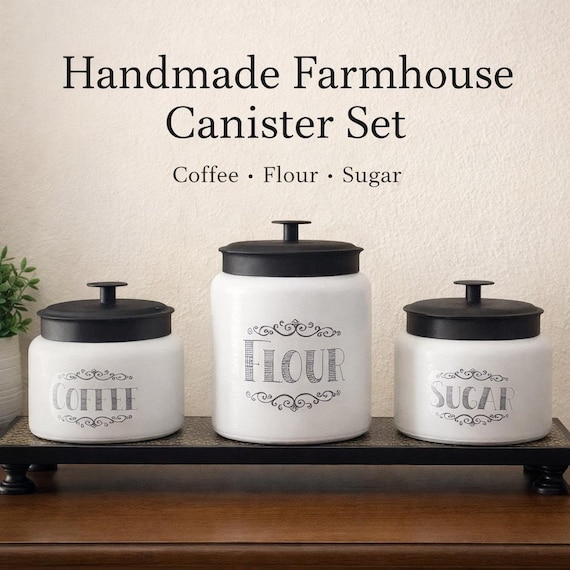Personalized Kitchen Canister Set of 3, Farmhouse Glass Jars with Labels, Coffee Sugar Flour Storage, Rustic Kitchen Decor, Custom Pantry Co