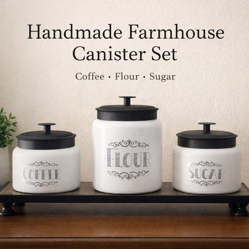 May include: A handmade farmhouse canister set with three white ceramic jars with black lids. The jars are labeled "Coffee", "Flour", and "Sugar" in a decorative font. The set is displayed on a black tray.