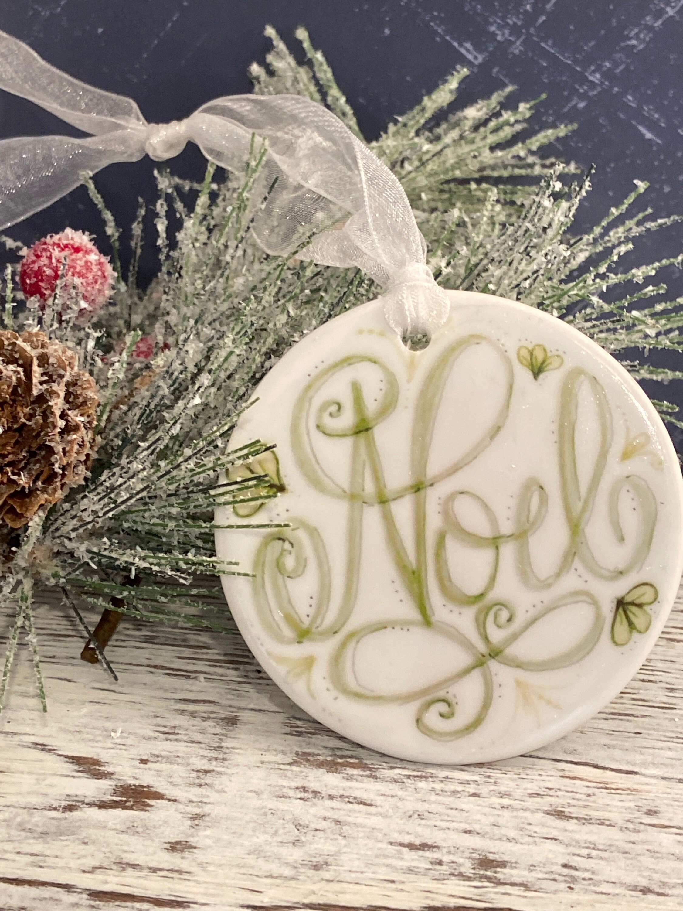 Noel Christmas Ornament, Porcelain Ornament, Hand Lettered