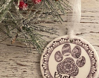 Personalized Pet Christmas Ornament,  Paw Print Ornament, Puppy Ornament,Porcelain ornament, Double Sided Ornament, Round Ornament