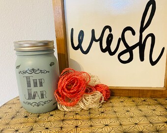 Tip Jar, Painted Mason Jar, Money Jar, Mason Jar Bank, Farmhouse Laundry Decor, Laundry Room Accessories, Country Laundry Room Decor