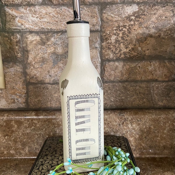 Olive Oil Dispenser, Rustic Oil Jar, Painted Cruet, Farmhouse Kitchen Decor, Glass Bottle Kitchen Storage, Olive oil Jar