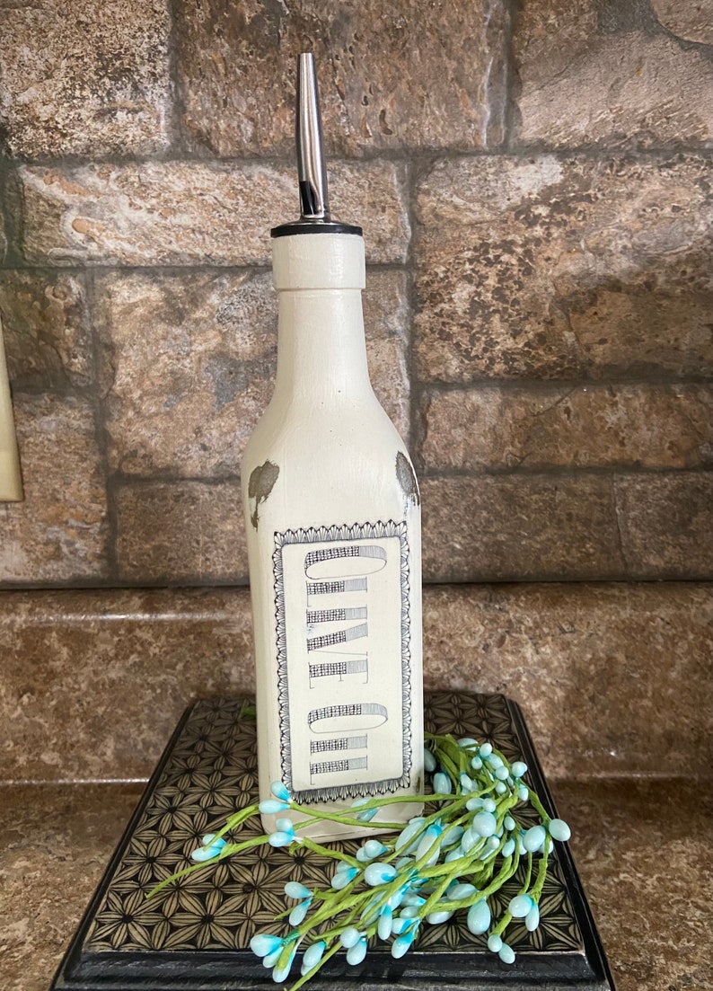 Olive Oil Dispenser, Rustic Oil Jar, Painted Cruet, Farmhouse Kitchen Decor, Glass Bottle Kitchen Storage, Olive oil Jar image 1