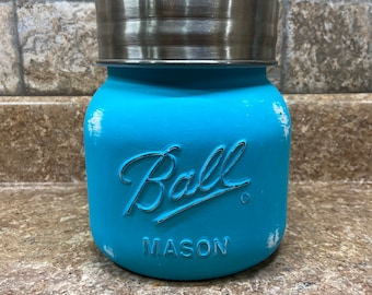 Mason Jar Utensil Holder, Turquoise and White Rustic Farmhouse Kitchen Decor, Rustic Mason Jar Canister, Coffee Canister, Cookie Jar