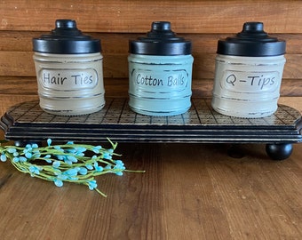 Bathroom Storage Jars, Set of 3 Farmhouse Bathroom Jars, Q-tip holder, Hair Ties Storage, Cotton Balls jar, Rustic Bathroom, Farmhouse Decor