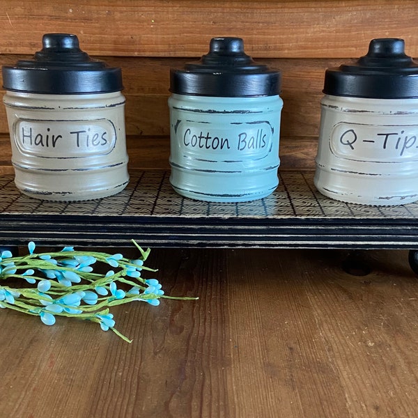 Bathroom Storage Jars, Set of 3 Farmhouse Bathroom Jars, Q-tip holder, Hair Ties Storage, Cotton Balls jar, Rustic Bathroom, Farmhouse Decor