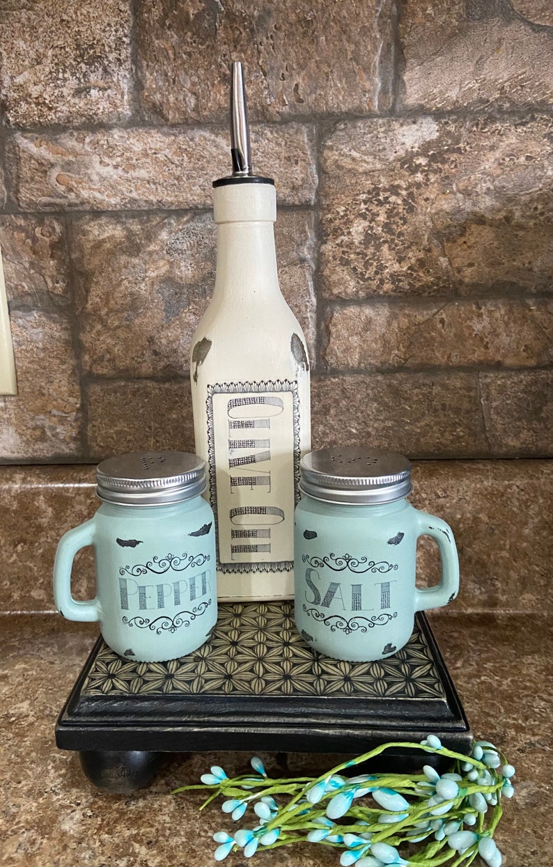 Olive Oil Dispenser, Rustic Oil Jar, Painted Cruet, Farmhouse Kitchen Decor, Glass Bottle Kitchen Storage, Olive oil Jar image 2