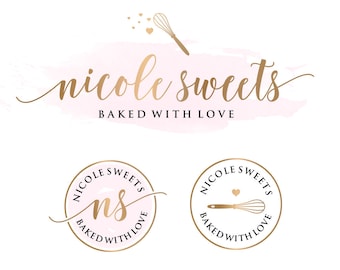 Bakery Logo, cake shop logo, cake logo design, Watercolor Baking Logo, Kitchen logo, Gold Logo, Whisk, Pink and gold branding design