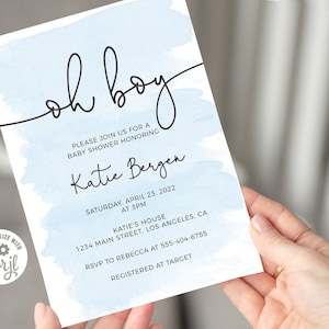 Oh Boy Baby Shower Invitation, Boy Baby Shower Invites, Blue Watercolor, Editable Invitation, Printable Template, Instant Download