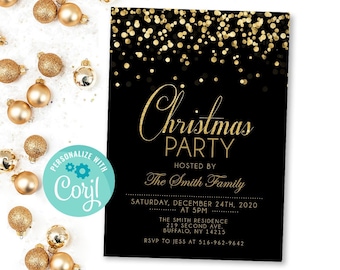 Christmas Party Invitation, Holiday Party Invites, Christmas party invites, Gold Christmas Invitation, Gold glitter black and gold printable