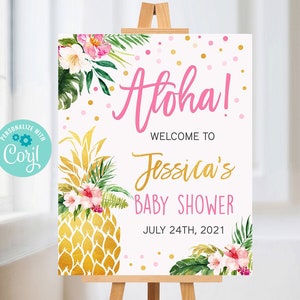 EDITABLE Pineapple Baby Shower Welcome Sign, Tropical welcome sign, Girl Baby Shower Poster, Hawaiian, Aloha, Printable Instant Download