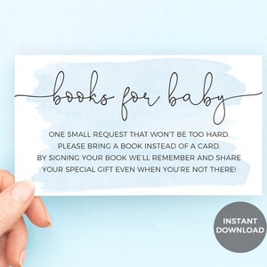 Blauwe babyshowerboeken voor baby, neem een bijvoegsel mee, boekverzoekkaart, uitnodiging babyshower jongen, instant download, aquarel