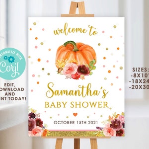 EDITABLE Pumpkin Baby Shower Welcome sign, Orange Floral Pumpkin Sign, Fall Baby Shower Welcome Sign, Little Pumpkin Welcome Sign, Digital