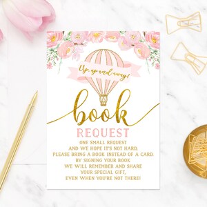 Cartão de solicitação de livro de balão de ar quente para meninas, livros para cartão de bebê, cartão de solicitação de livro download instantâneo, chá de bebê de menina, cartão de inserção de livro