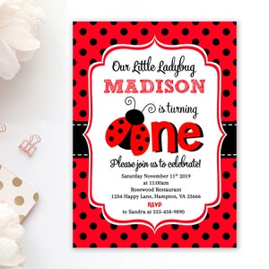 Ladybug birthday Invitation, Ladybug Invitation, Girl 1st Birthday Invitation, Customisable Printable, Digital file