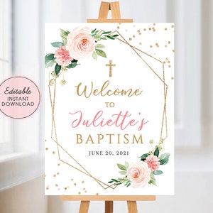 Pink Gold Baptism Welcome Sign Template, Geometric Floral baptism sign, Christening welcome sign, baptism decor, instant download printable