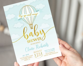 May include: A blue and gold baby shower invitation with a hot air balloon illustration and the text "Up, up and away!"  "baby shower"  "honoring Claire Richards"  "August 23"  "At 2PM The Richards Home 123 Main Street, Miami FL"  "RSVP to Claire 355-555-8890 Registered at Target and Amazon"