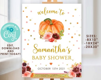 EDITABLE Pumpkin Baby Shower Welcome sign, Orange Floral Pumpkin Sign, Fall Baby Shower Welcome Sign, Little Pumpkin Welcome Sign, Digital