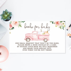 Pumpkin Book Request card, Fall Baby Shower, Books For Baby Insert Pumpkin Baby Shower Games, Pink Truck book instead of a card