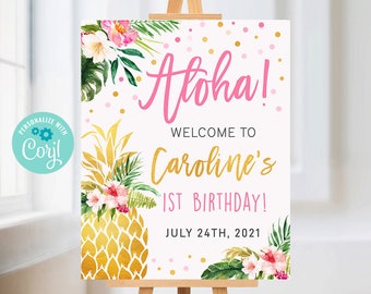 1st Birthday Welcome Sign, Pineapple Welcome Sign, Tropical welcome sign, Luau birthday, Aloha Party Welcome Sign, Welcome Poster Printable