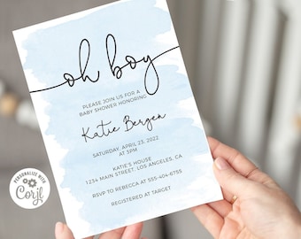 Oh Boy Baby Shower Invitation, Boy Baby Shower Invites, Blue Watercolor, Editable Invitation, Printable Template, Instant Download